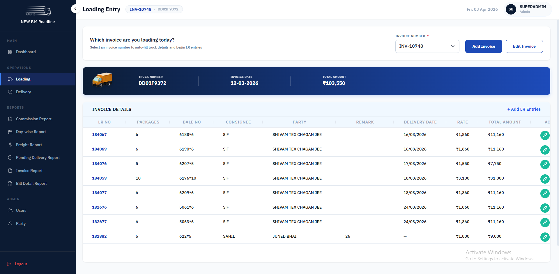 FM Roadlines Admin Portal screen 2