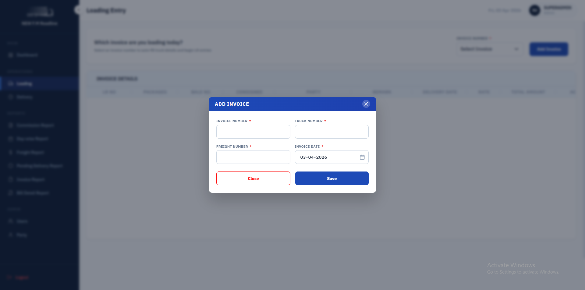 FM Roadlines Admin Portal screen 3