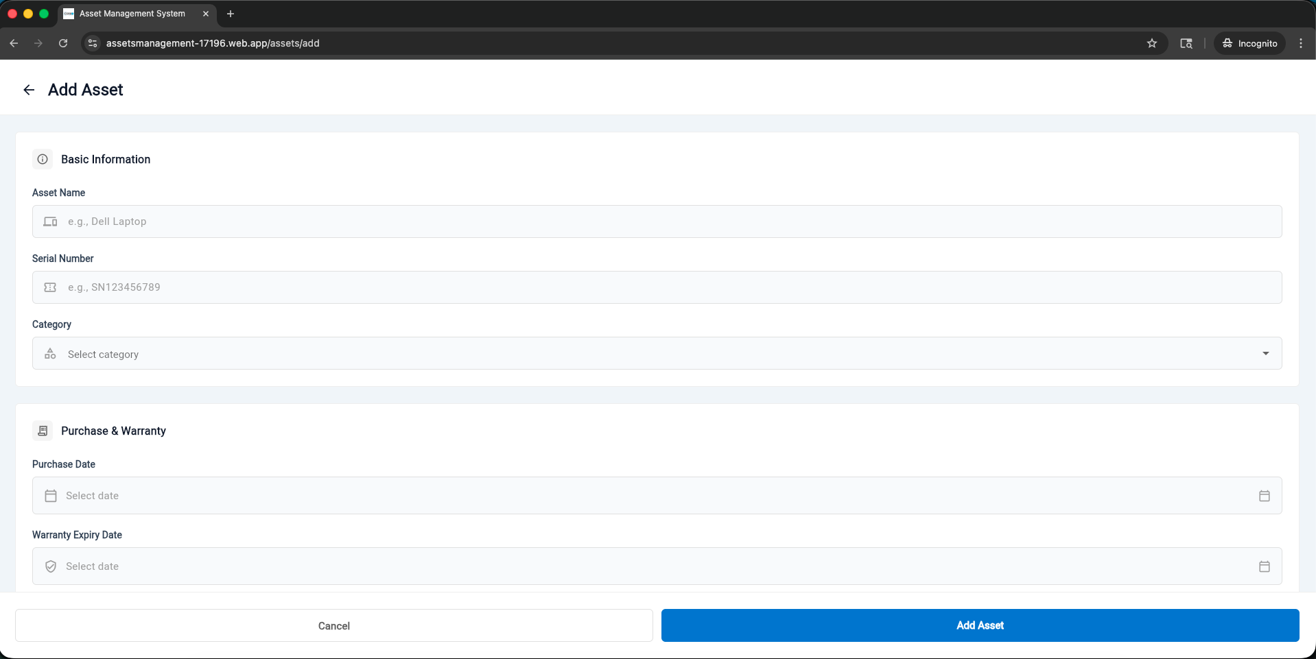 AMS Codex — Asset Management System screen 6