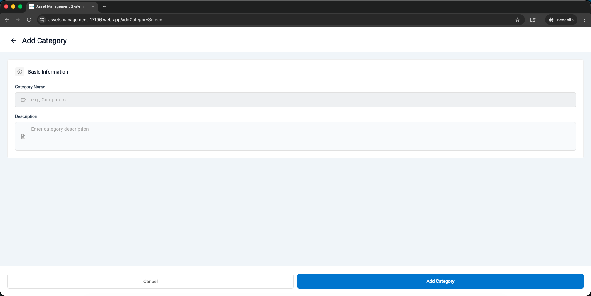 AMS Codex — Asset Management System screen 7