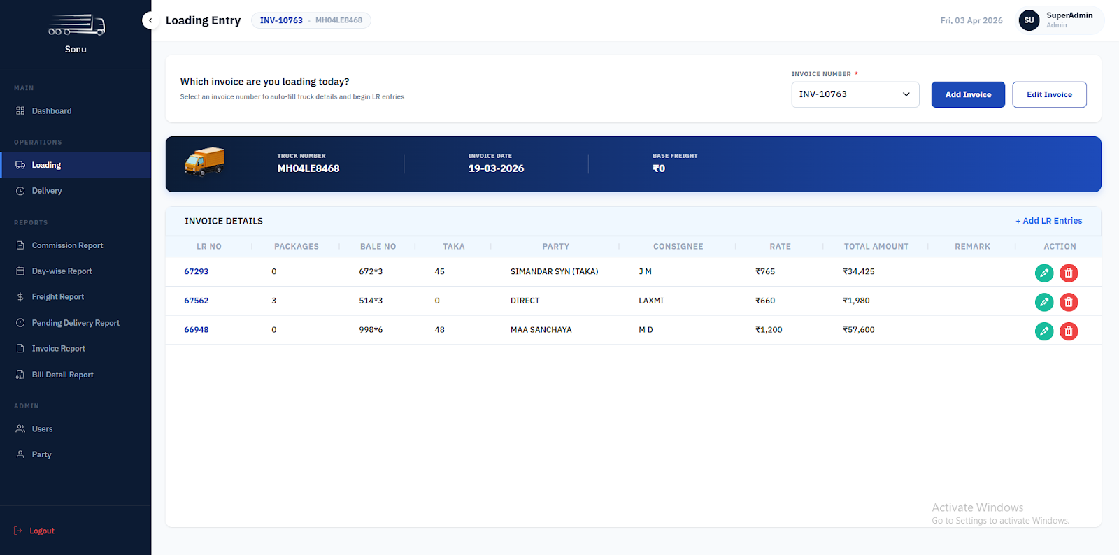 Sonu Roadlines Admin Portal  screen 2