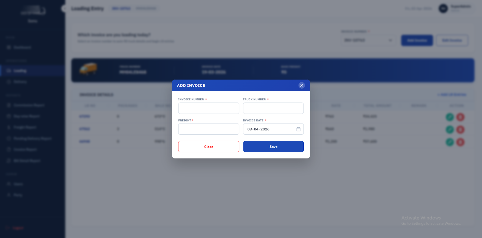 Sonu Roadlines Admin Portal  screen 3