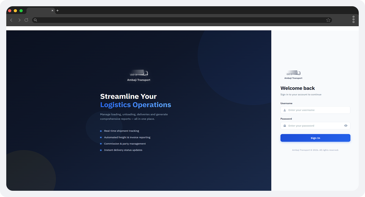 Ambaji Transport Admin Portal screen 1